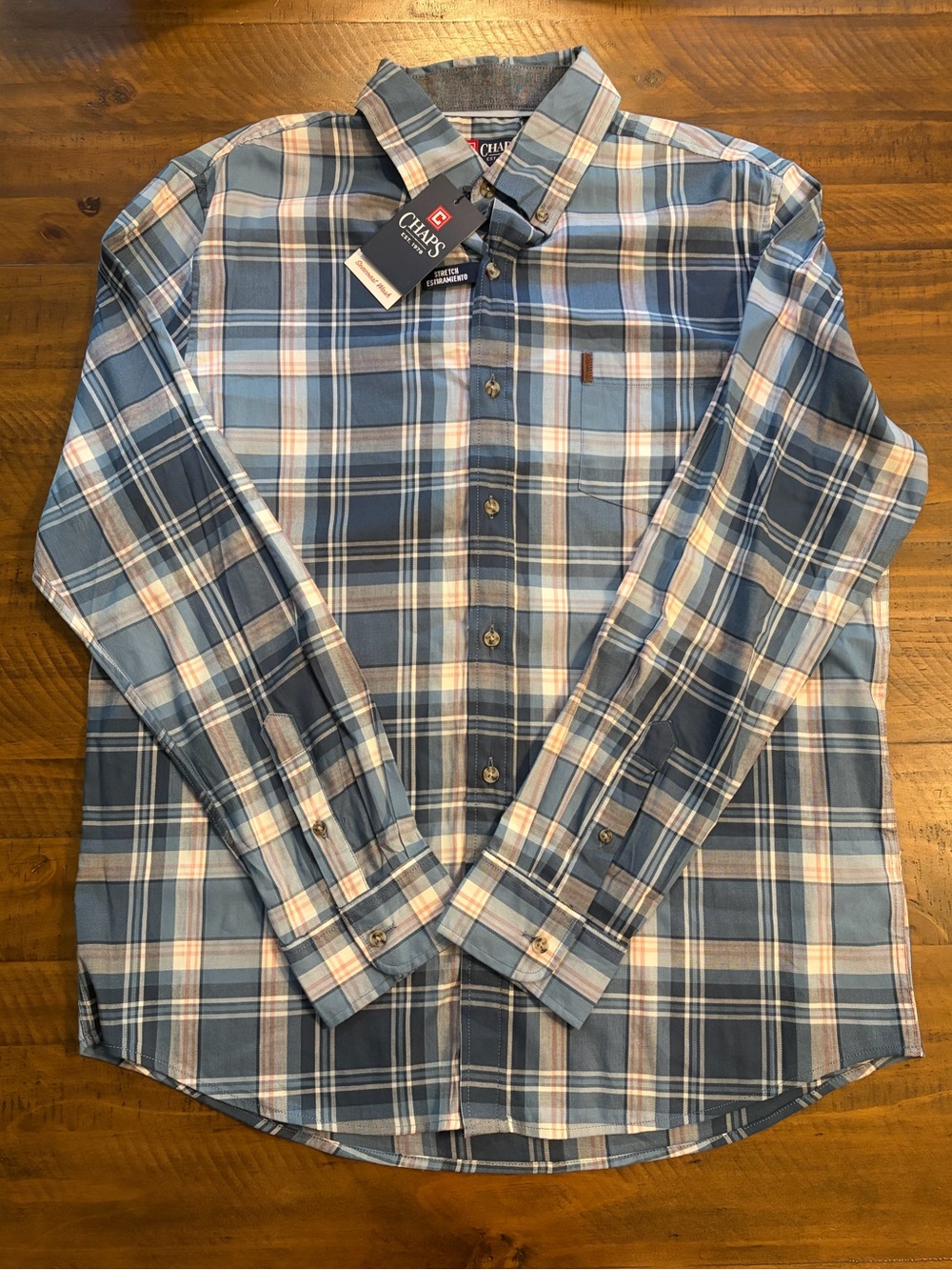 Chaps Men’s Blue and White Plaid Button-Down Shirt Size L NWT
